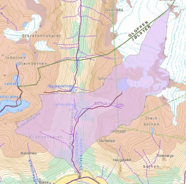 Figur 1. Lokalisering av vassførekomsten Veitebergselva. Elvestrekninga som inngår i vassførekomsten er vist med mørk blå farge.