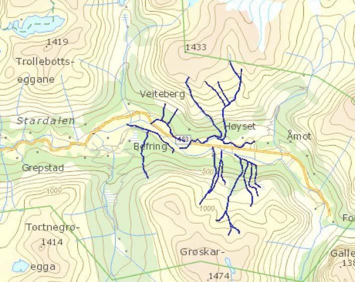 Figur 1. Lokalisering av vassførekomsten «Sidebekkar Befringselva», Stardalen i Jølster.