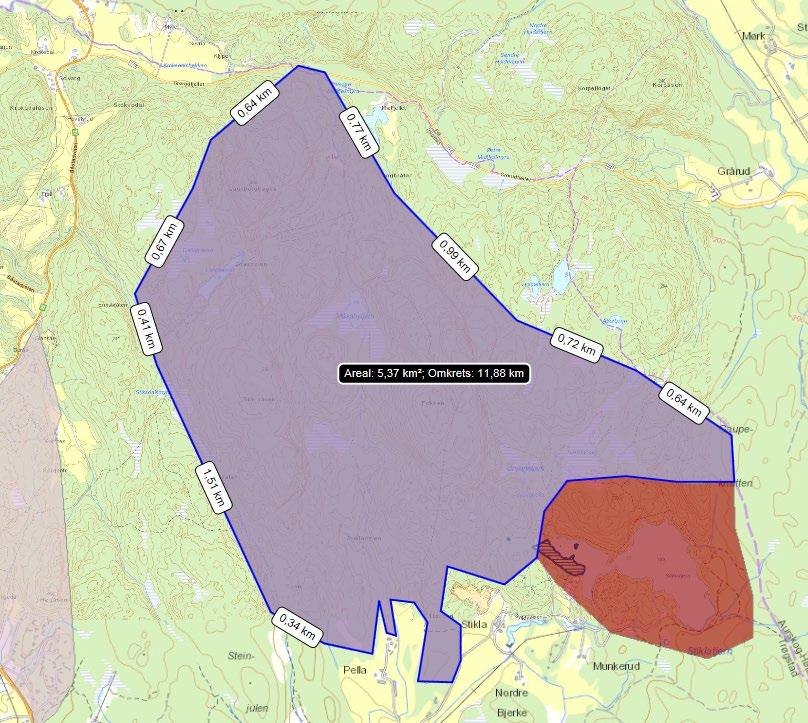 21 (25) Figur 11 Utsnitt fra Miljødirektoratets Naturbase, med avmerket størrelse på friluftsområdet kartlagt som viktig, som planområdet er en del av.