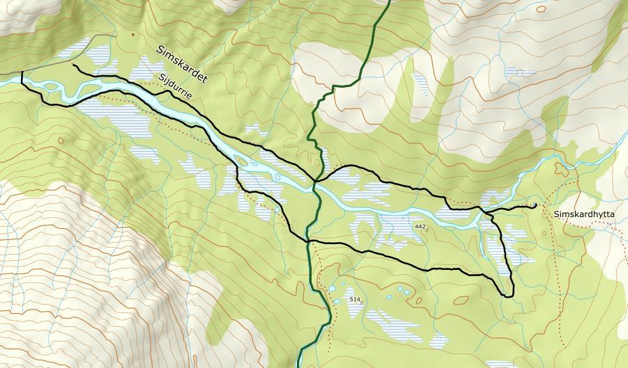 Simskardet Lengde: 7.500 meter Gjennomføringsperiode 2016-2017 Beskrivelse verdi- og sårbarhetsvurdering side 84-87 Simskardet er den mest brukte innfallsporten til Børgefjell.