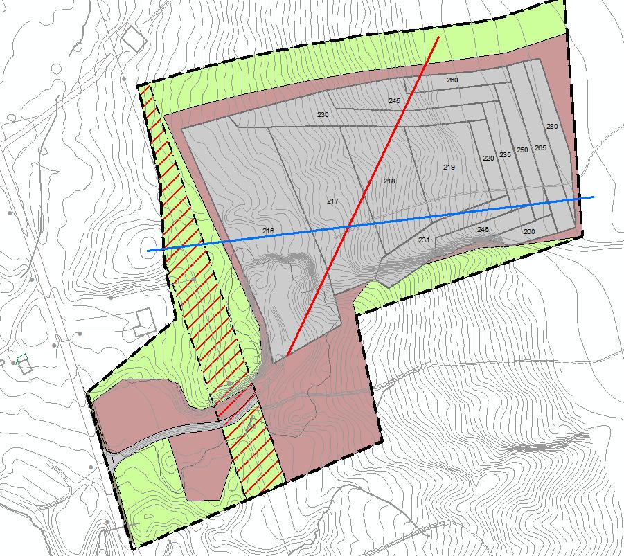 DRIFTSPLAN FOR NESMOEN MASSEUTTAK, GNR. 35 BNR. 1 I BYGLAND 8 terreng og framtidige situasjonen når massane er tatt ut. Uttaket skal avsluttast med pallar som er ca 15m høge og ca 10 m breie.