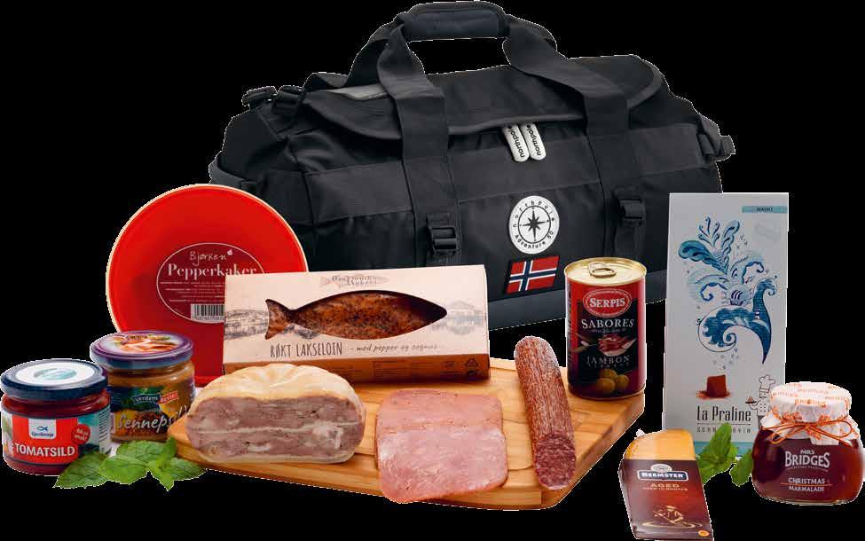 Produktnummer 1043 Adventurebag med julemat Julesylte, håndlaget ca 400g Gourmet spekepølse m/akevitt ca 300g Røket lakseloin med