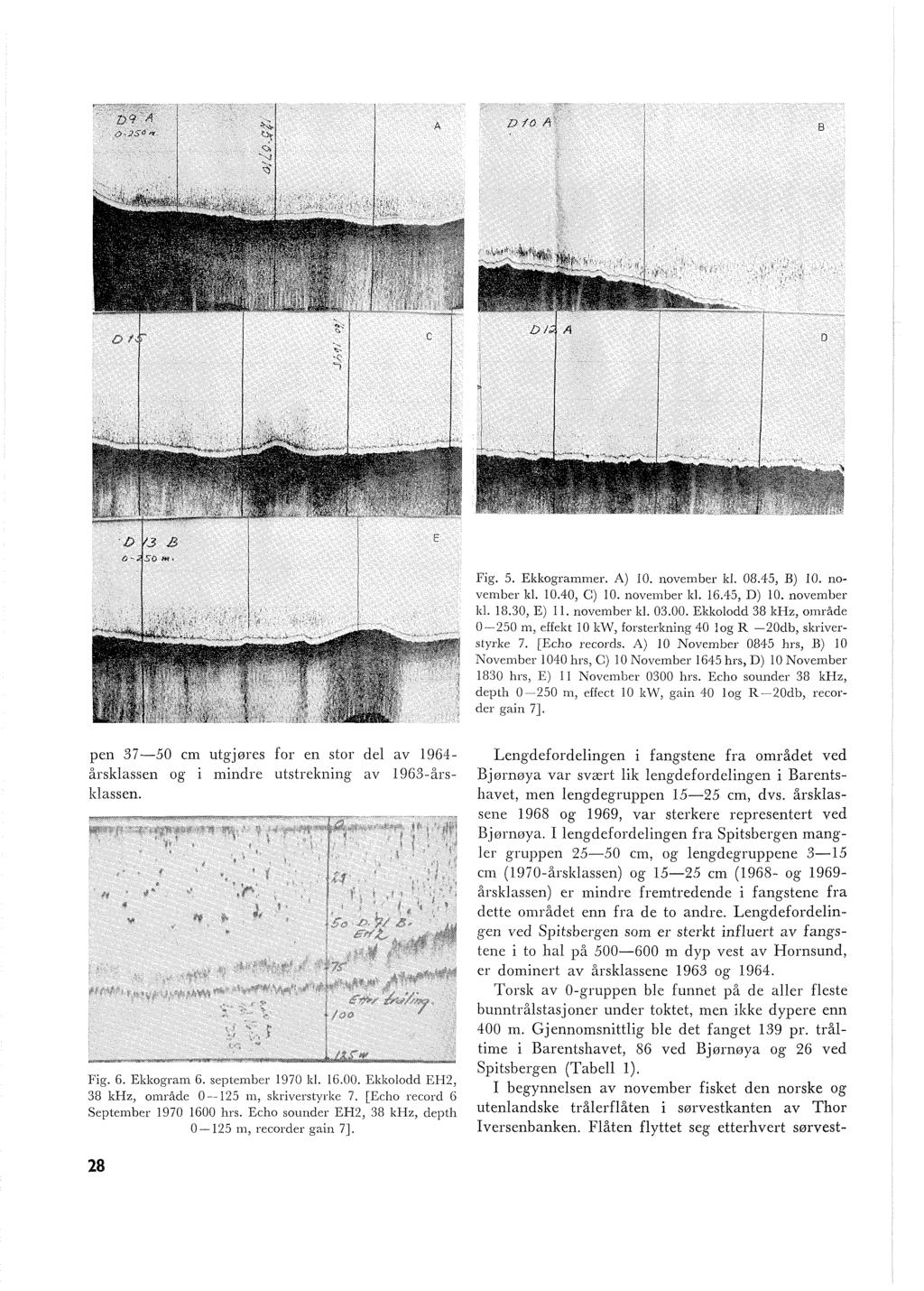 Fig. 5. Ekkogrammer. A) 10. november kl. 08.45, B) 10. november kl. 10.40, C) 10. noveiilber ltl. 16.45, D) 10. november kl. 18.30, E) 11. november bl. 03.00.