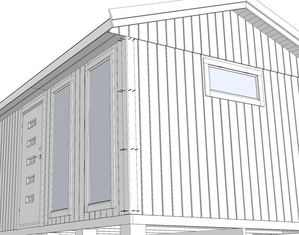 16. Spikre fast hjørnekassene med 2,3x60 mm spiker, se tegning A03. 17. Legg en fuge over dør- og vindusbelistning. (Fugemasse inngår ikke i leveransen.) 18.