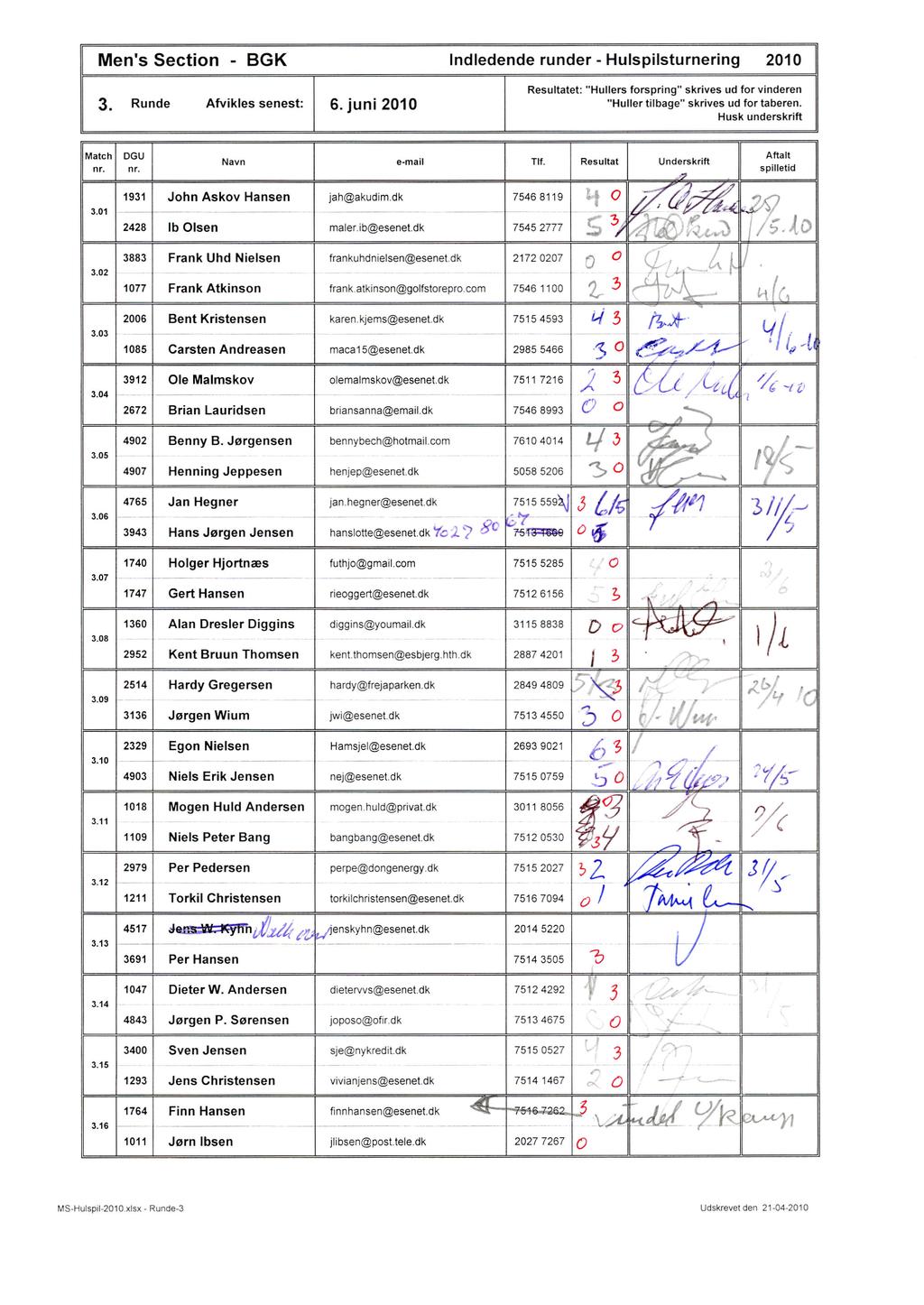 Men's Section BGK Indledende runder Hulspilsturnering 21 3. Runde Afvikles senest: 6. juni 21 "Huller tilbage" skrives ud for taberen. :;; TI;.o ((1 185 Carsten Andreasen maca 15@esenel.