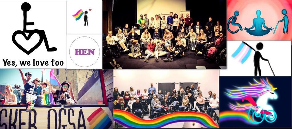 Collage med ulike bilder fra Pride, seksualitetssamlinger, hen-buttons, person i rullestol der rullestolen er formet som et hjerte med teskten «Yes, we love too».