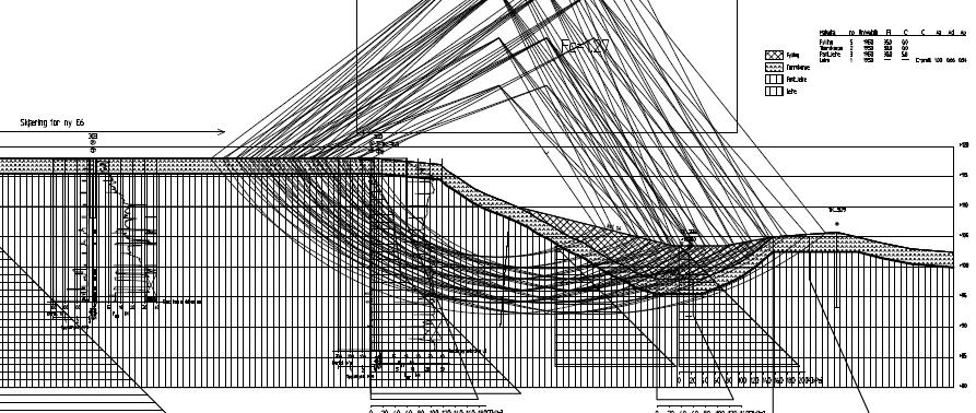 For de øvrige glideflatene oppnås det tilfredsstillende prosentvis forbedring, kritisk glideflate har γ M = 1,27. Figur 5 og tegning G-005-06 viser alle glideflater med γ M 1,4 for udrenert analyse.