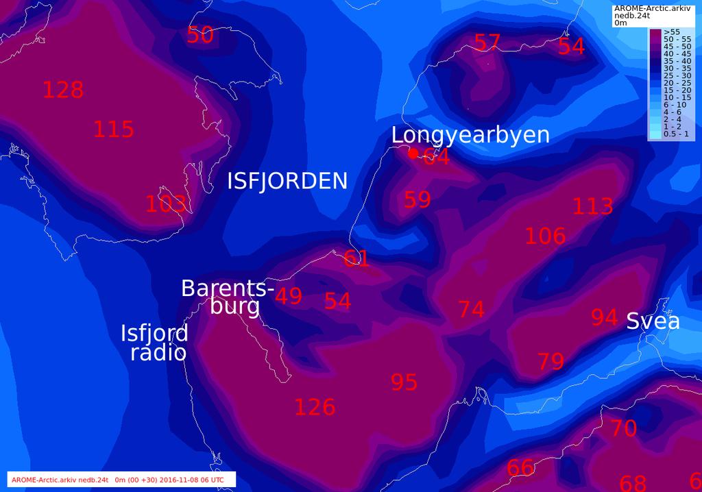 Nedbørprognose fra AROME-ARCTIC 00Z 7.11.