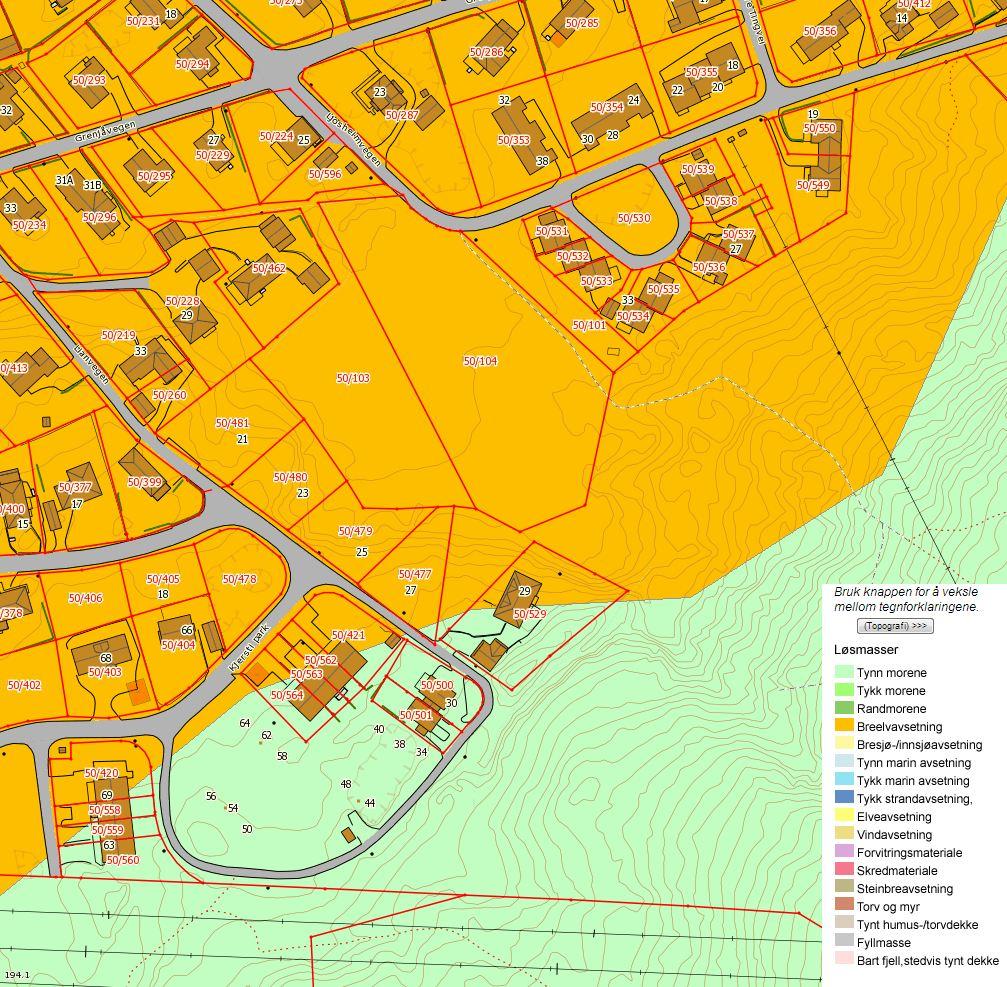 Figur 5. Utsnitt av kart hentet fra Nasjonal løsmassedatabase, NGU. 4.