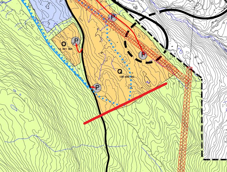 Figur 3 Planlagt ny heistrase vist med raud linje Vidare er det tenkt å knyta baseområde 3 saman med eksisterande skianlegg.