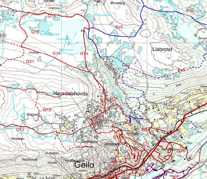 14 Bilde 11. Utsnitt av løypenettet ved Geilo. Planområdets plassering vist med rød ellipse. 4.6 Grønnstruktur-friluftsliv Feltet har rik tilgang på friluftsmuligheter sommer og vinter.