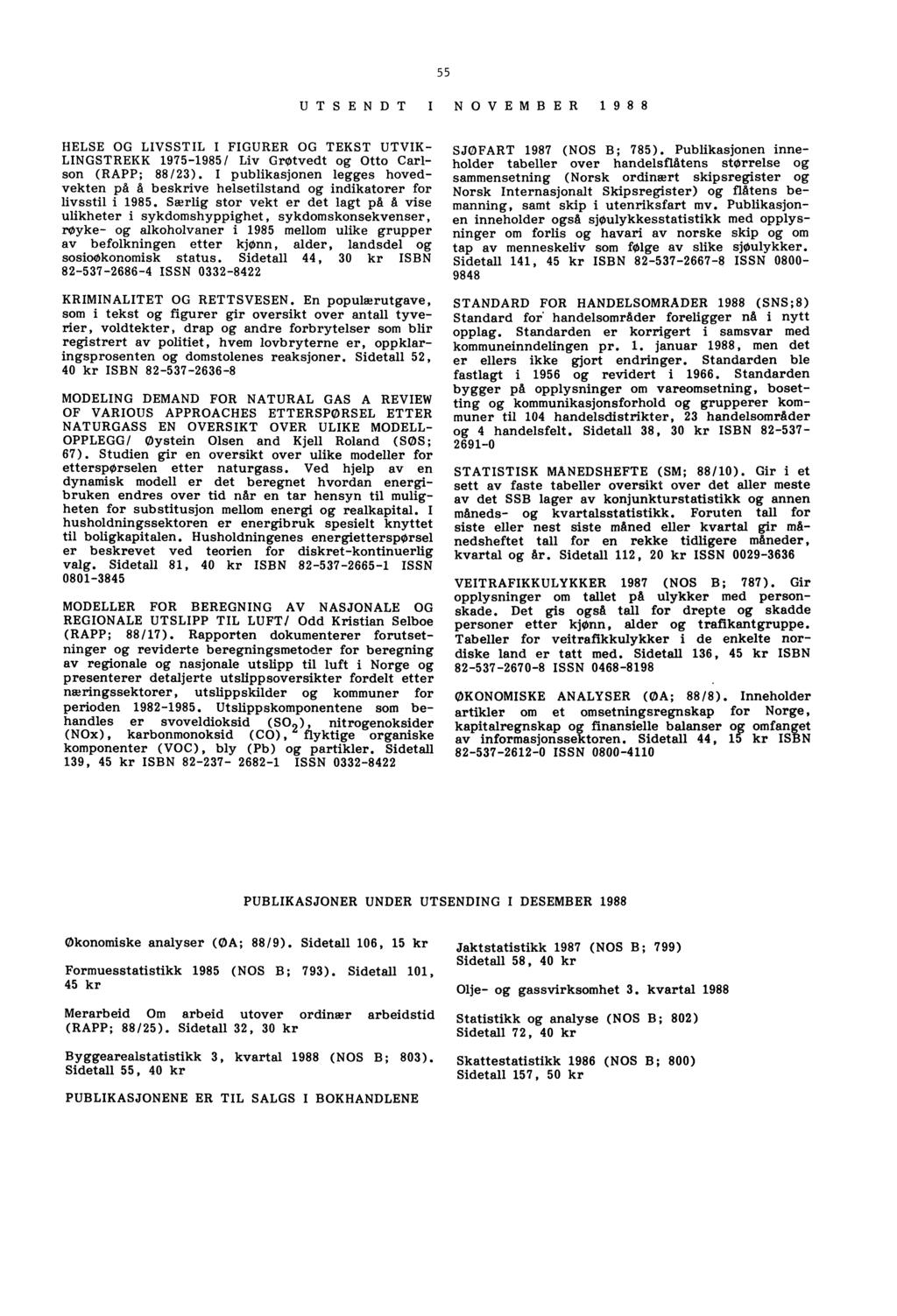 55 UTSENDT I NOVEMBER 1988 HELSE OG LIVSSTIL I FIGURER OG TEKST UTVIK- LINGSTREKK 1975-1985/ Liv GrOtvedt og Otto Carlson (RAPP; 88/23).