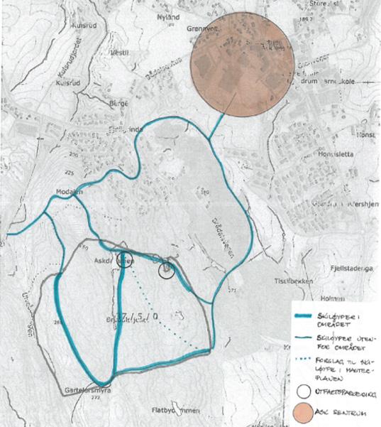Kartet illustrerer skiløyper som kan anlegges innenfor eiendommen, og knyttes til