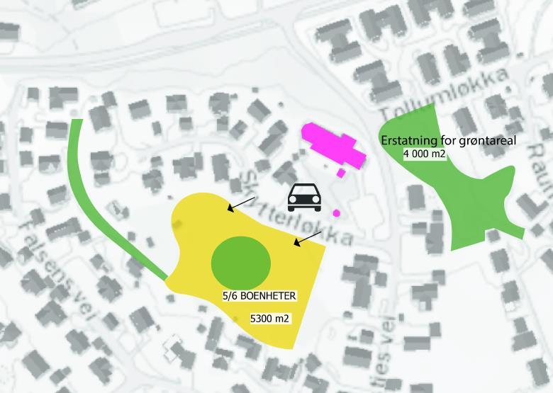 Kongsberg stasjon 1,5 km Teknologipark og Krona 2,5 km Barnehage 50 m fra tomten. Eksisterende friområde brukes lite. Bruksverdien for området sør for Tollumløkka vil kunne økes betydelig.