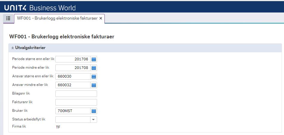 Eksempel WF001 Brukerlogg elektroniske fakturaer Dette er en spørring som brukes til å slå opp en bestemt brukers involvering i leverandørfakturaprosesser, det vil si finne ut hvem som har behandlet