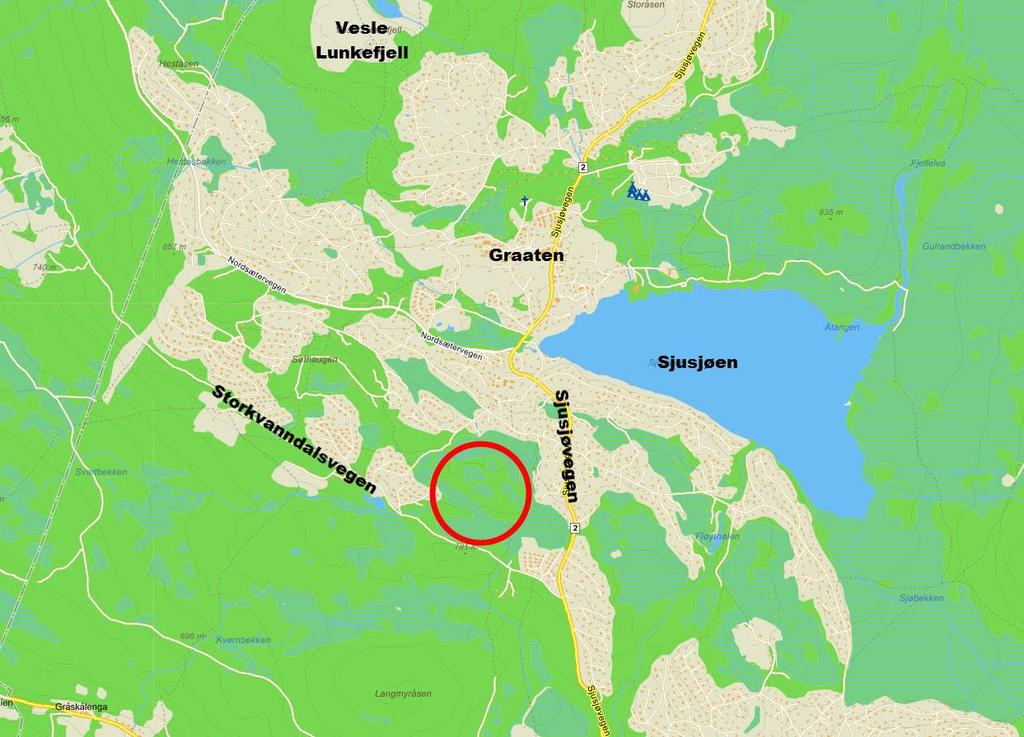 2 Planområdets beliggenhet Planområdet er beliggende sentralt på Sjusjøen. Adkomst til planområdet er via Sjusjøvegen og Storkvanndalsvegen.