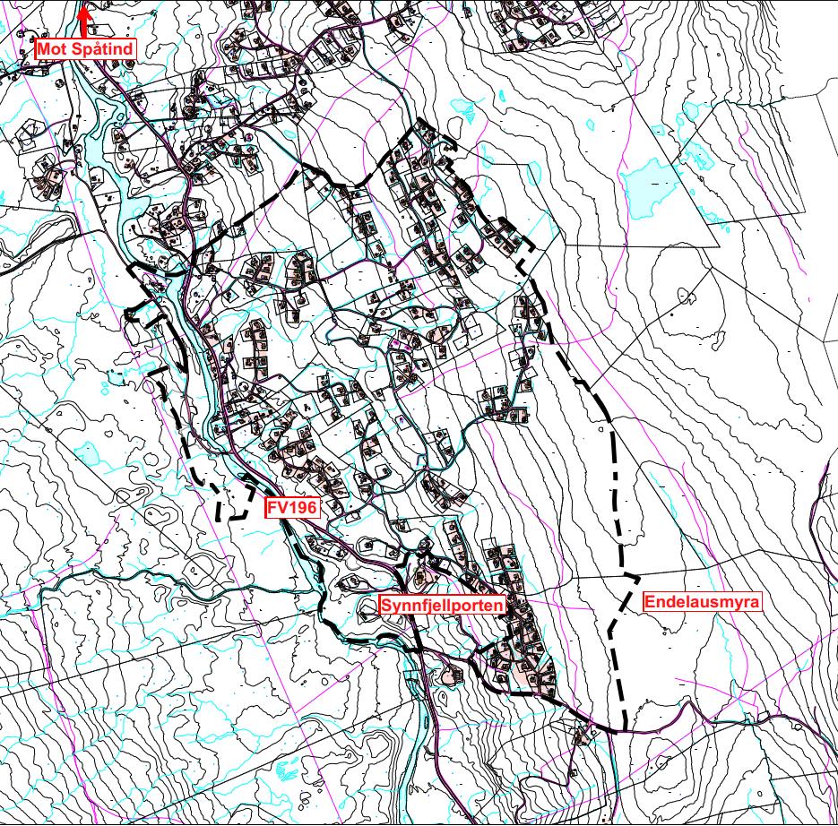 Side. 3 Dagens situasjon. Plangrense markert med sort stiplet linje. PLANGRUNNLAGET Kommunedelplan for Synnfjell Øst. Området er avsatt til bebyggelse i kommunedelplan for Synnfjell Øst.