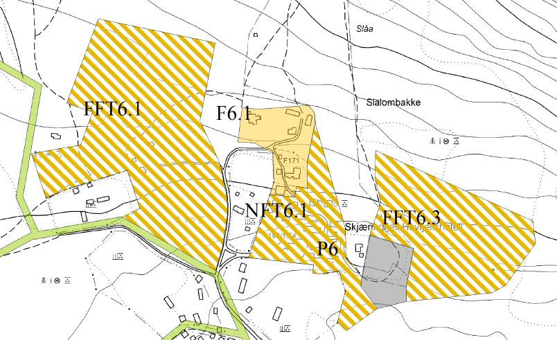 Innsigelsene tas til følge. Når det gjelder hotellet, så ligger dette innenfor NFT6.1, ikke F6.1. «N» i NFT 6.1 tas bort, og blir erstattet med FT (fritids- og turistbebyggelse, eksisterende). F6.1 omfatter eksisterende fritidsbebyggelse.