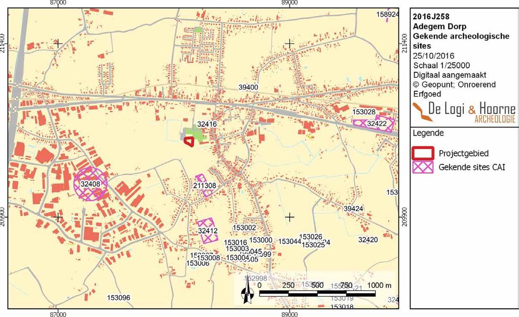 Adegem Dorp 21 Kaart 21 Figuur 21: In de omgeving zijn enkel archeologische sites of oude onderzoeken gekend ( Geopunt; Onroerend Erfgoed) Op 200m ten noordoosten van het projectgebied bevindt zich