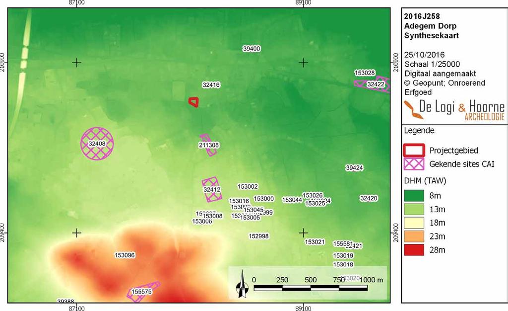 28 DL&H Archeologienota Kaart 30 Figuur 30: De synthesekaart met de gekende sites, die voornamelijk voorkomen op de hogere gronden ten zuiden van het projectgebied ( Geopunt) Op basis van het