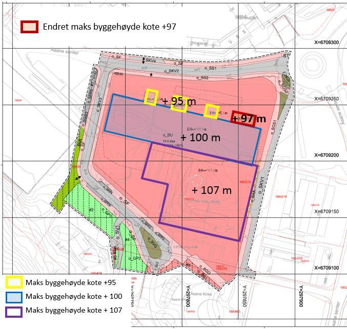 maksimal byggehøyde for nordøstre verkstedsrom fra maks kote +95 til maks kote +97.