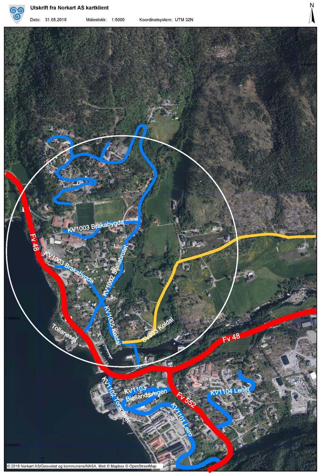 Lokalisering og vegnett Vurdert vegnett ligg ved Stallabrotet og Tollaneset i Eikelandsosen i Fusa kommune.