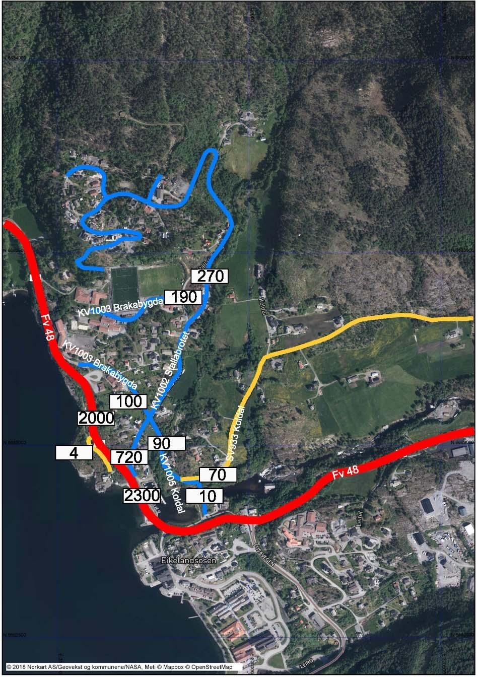 Dagens trafikk Med bakgrunn i data frå nasjonal vegdatabank og vurdering av trafikk på tilførselsvegar og turproduksjon frå funksjonar er dagens trafikkmengd anslått: Veg/vegparsell ÅDT (2017) Del