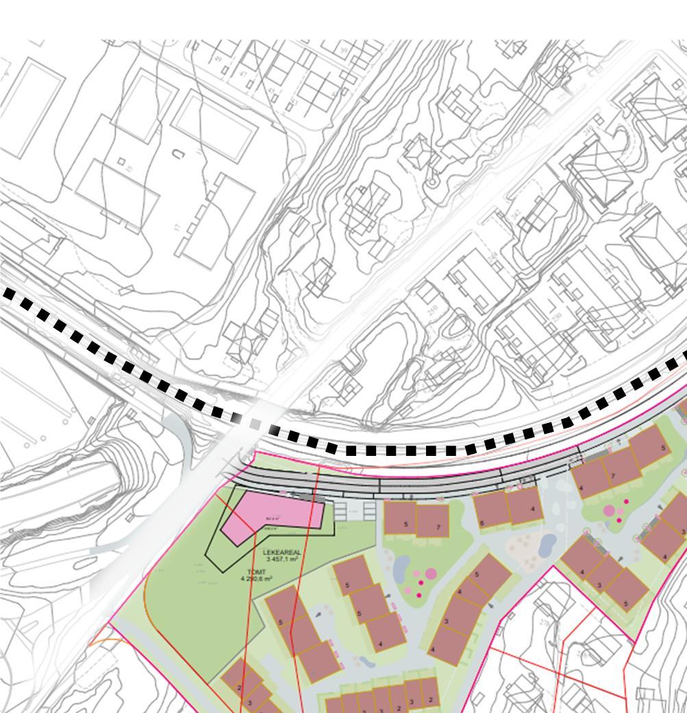 Kart: Lund+Slaatto arkitekter Støy fra T-banen gir i utgangspunktet støynivå over anbefalte grenseverdier på arealene nærmest sporet.