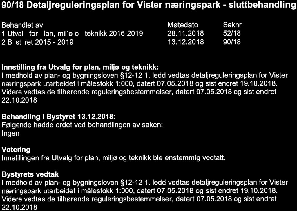 90/18 Detaljreguleringsplan for Vister næringspark - sluttbehandling Behandlet av 1 Utval for lan, mil"ø o 2 B st ret 2015-2019 teknikk 2016-2019 Møtedato 28. 11. 2018 13. 12.
