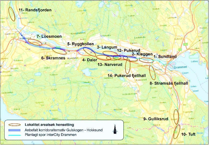 Arealene evaluert i forstudien (Samtlige arealer i «Hensetting Østlandet» + 3 nye arealer) Alternativ # Navn Avstand fra Drammen stasjon #1 Sundland Ca. 1,5 km vest #2 Kleggen Ca.