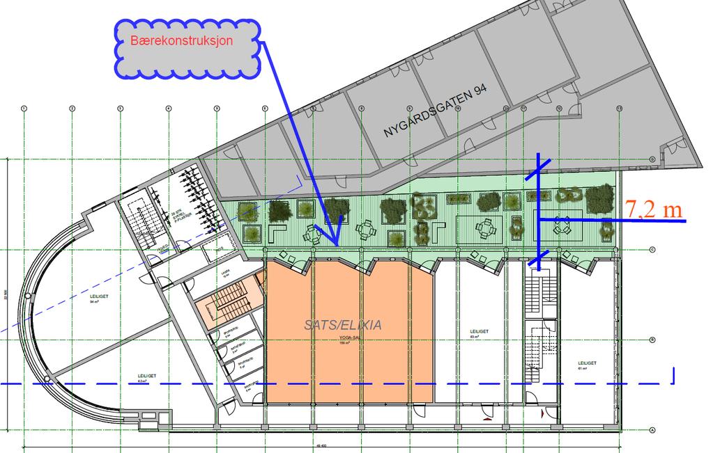Plan 3. etasje I planforslaget er det foreslått å trekke ytterveggen inn én meter slik at avstanden til leilighetene i Nygårdsgaten 94 blir ca. 7,2 m.