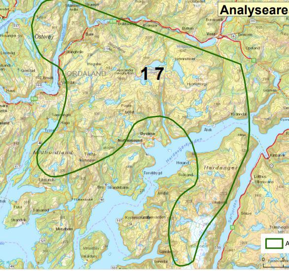 Analyseområde 17: Fjellområdet over Gjerde og Sunndal, like vest for den nordlege delen av Folgefonna. Analyseområdet 17 viser området helt nordøst i Kvinnherad, vest for Folgefonna nasjonalpark.