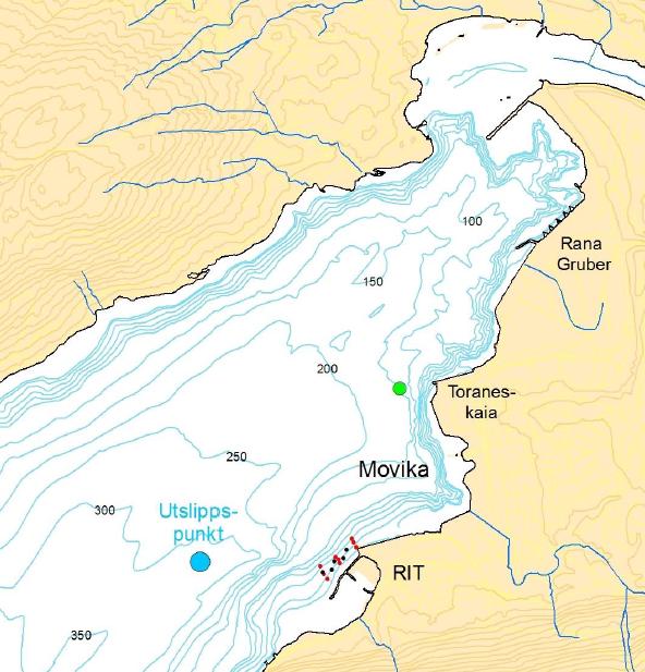 Side: 5/15 Figur 3: Kart over innerste del av Ranfjorden hvor Ranelva renner ut. Det blå punktet viser hvor mudringsmassene ønskes dumpet (N:7354182 E:459012).