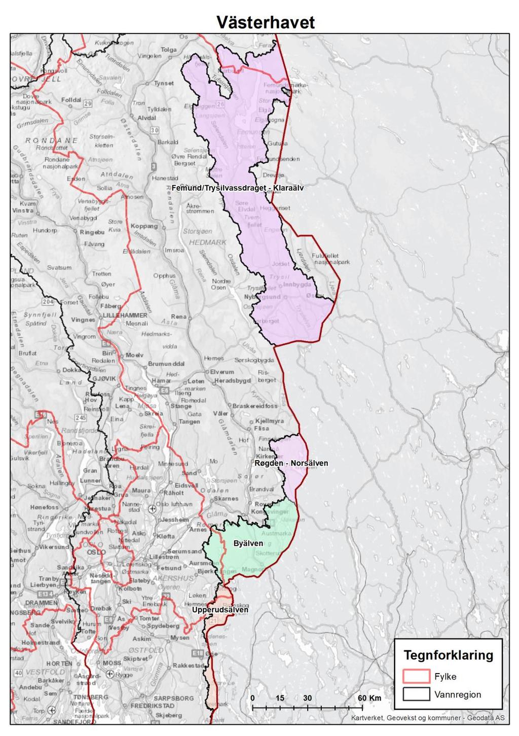 Figur 3. De norske delene av vannregion Västerhavet består av delområdene Femund- og Trysilvassdraget (Klarälven), Røgden (Norsälven), Byälven og Upperudsälven. Kilde: Vann-Nett 15.1.2019. 5.