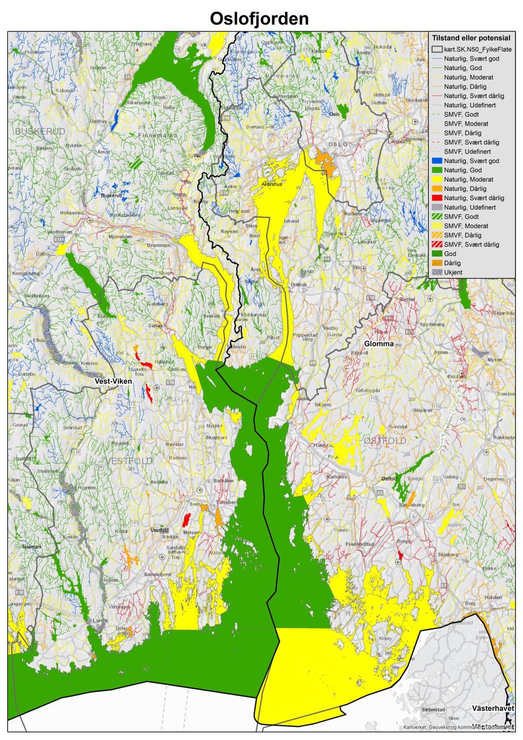 Kystvannet i Oslofjorden er delt mellom vannregion Glomma og vannregion Vest-Viken.