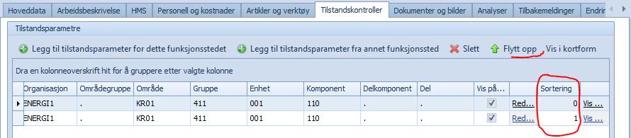 Dette som et alternativ til å benytte Flytt opp-knappen over listen over oppgavepunkter og tilstandsparametere.