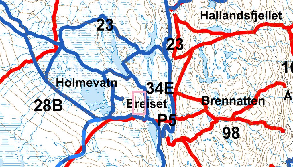 Røde og blå linjer markerer henholdsvis sommerstier og vinterløyper som er tilgjengelig fra ut.no, og generelt kartgrunnlag.