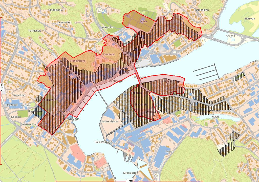 Temakart Kulturminner, kulturmiljø i Mandal sentrum Skravuren viser områder som er regulert til bevaring.