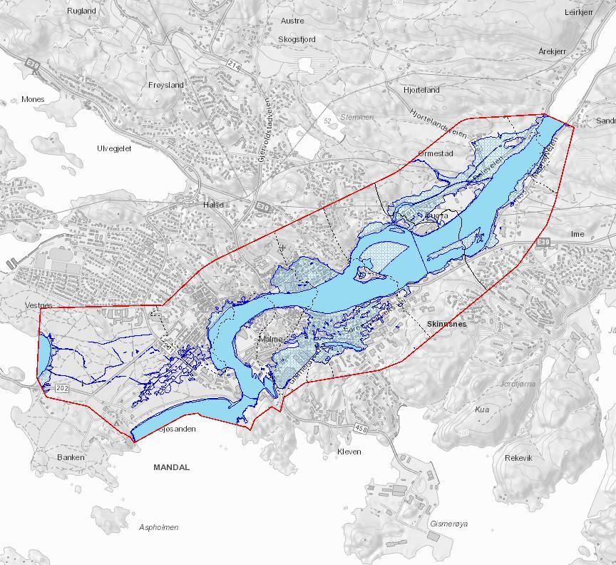 Temakart Faresone 200-årsflom Kartet viser alle flomsoner ved 200-års flom.