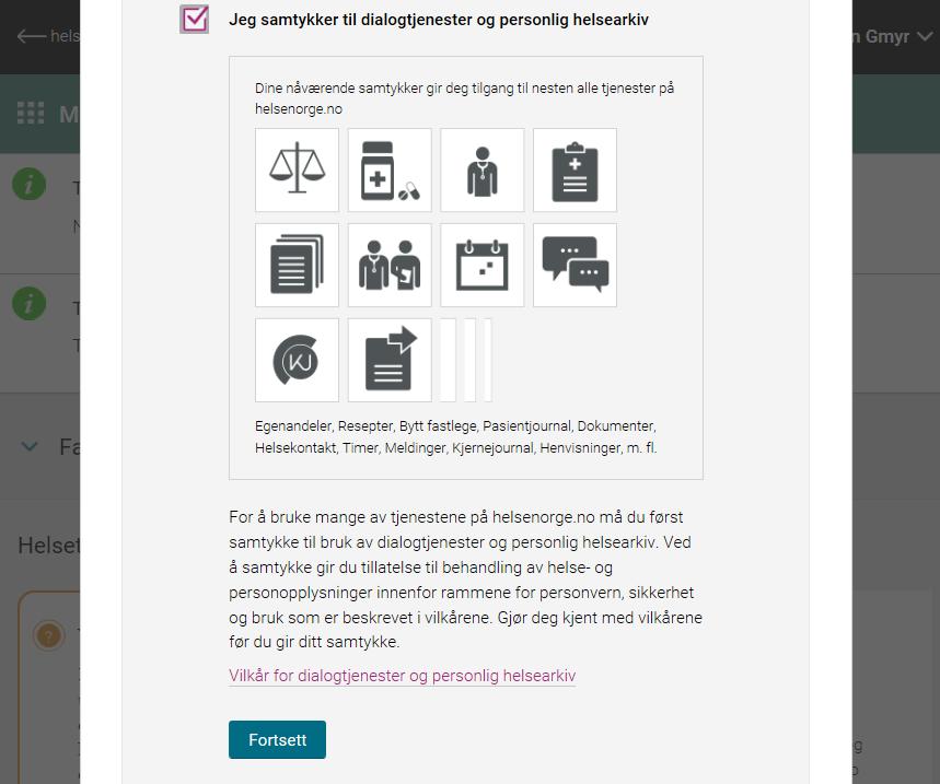 3 HVORDAN KOMME I GANG PÅ HELSENORGE.NO TRINN FOR TRINN Når innbygger logger på for første gang, blir de bedt om å samtykke til bruksvilkår og til «dialogtjenester og personlig helsearkiv».