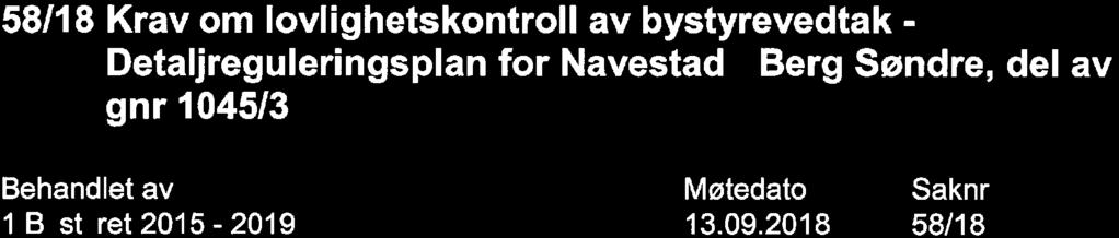 Saker til behandling 58/18 Krav om lovlighetskontroll av bystyrevedtak - Detaljreguleringsplan for Navestad - Berg Søndre, del av gnr 1045/3 1 B st ret 2015-2019 58/18 Rådmannens innstilling: av 21.