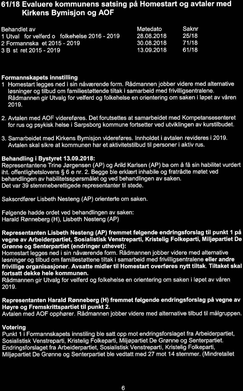 61/18 Evaluere kommunens satsing på Homestart og avtaler med Kirkens Bymisjon og AOF 1 Utval for velferd o folkehelse 2 Formannska et 2015-2019 3 B st ret 2015-2019 2016-2019 28.08.2018 30. 08.