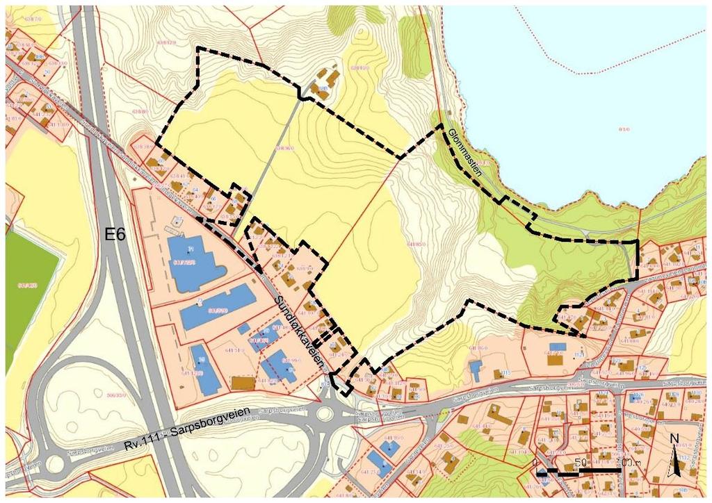 6 (16) 2. PLANOMRÅDETS BELIGGENHET OG AVGRENSNING Planområdet ligger nordøst for Sundløkkaveien på Årum i Fredrikstad.