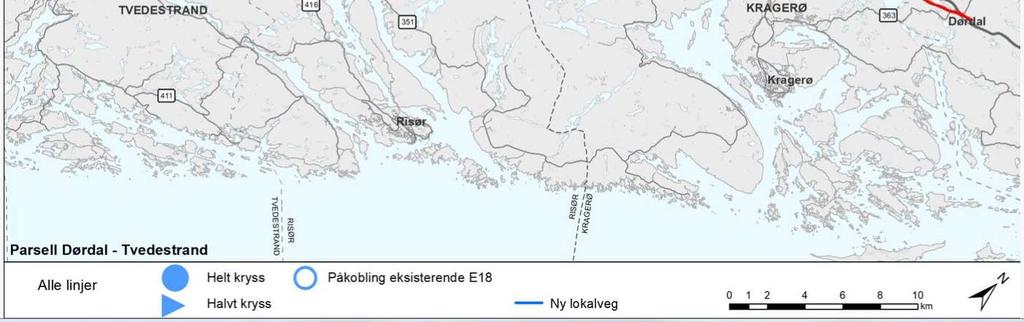 For analyseområdet 3 er det to prinsipielt ulike korridorer, en vestre som går over Brokelandsheia og en østre som ligger nærmere Risør og i nærheten av Eikelands verk og Søndeled.