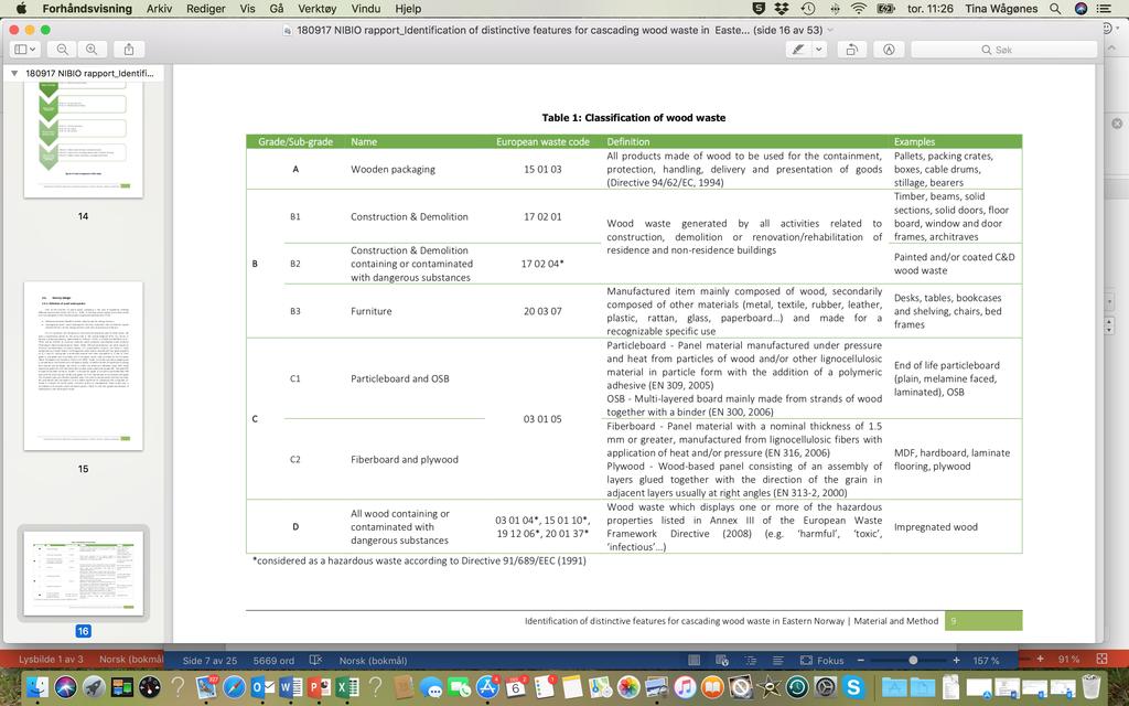 Tabell 3: Kategoriseringssystem, avfallstrevirke NIBIO rapport I tillegg har vi gjennomført en egen plukkanalyse på 4 containere med blandet returtrevirke fra RfD (2 containere fra Drammen) og VESAR