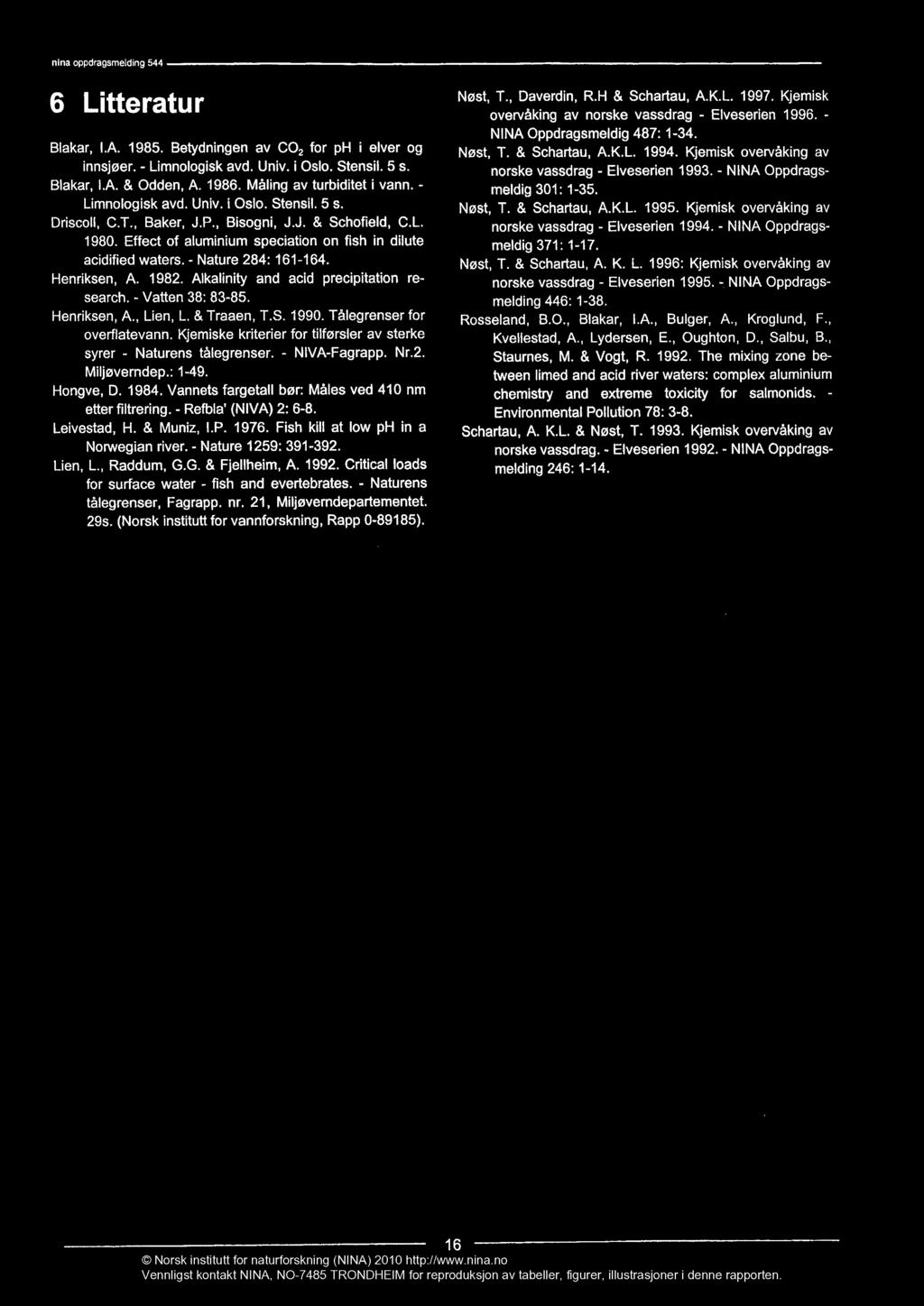 nina oppdragsmelding 544 6 Litteratur Blakar, I.A. 1985. Betydningen av CO2 for ph i elver og innsjøer. - Limnologisk avd. Univ. i Oslo. Stensil. 5 s. Blakar, LA. & Odden, A. 1986.
