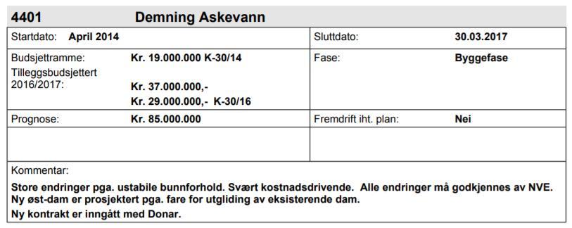 Figur 10: Utdrag fra prosjektrapport VA per desember 2016, sak 34/17 Det går frem av einnsyn for Askøy kommune at kommunestyret skal behandle prosjektrapport VA per april 2017 i sak 41/17.