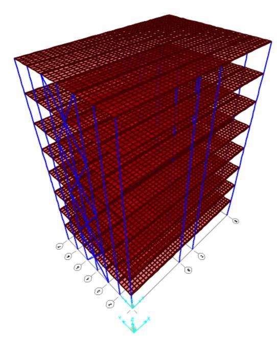 Kapittel 4. Modellering og analyse Figur 4-9: Presentasjon av Rom-Korridor-Rom modell med 8 etasjer og 6 felt (RKR 8etg.n6). De viktigste egenskapene til modellen RKR 8etg.