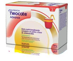 NEOCATE ADVANCE Komplett, aminosyrebasert ernæring for barn med kumelkproteinallergi, multimatvareallergi og andre indikasjoner hvor en elementalkost er anbefalt. Inneholder 35 % MCT fett.