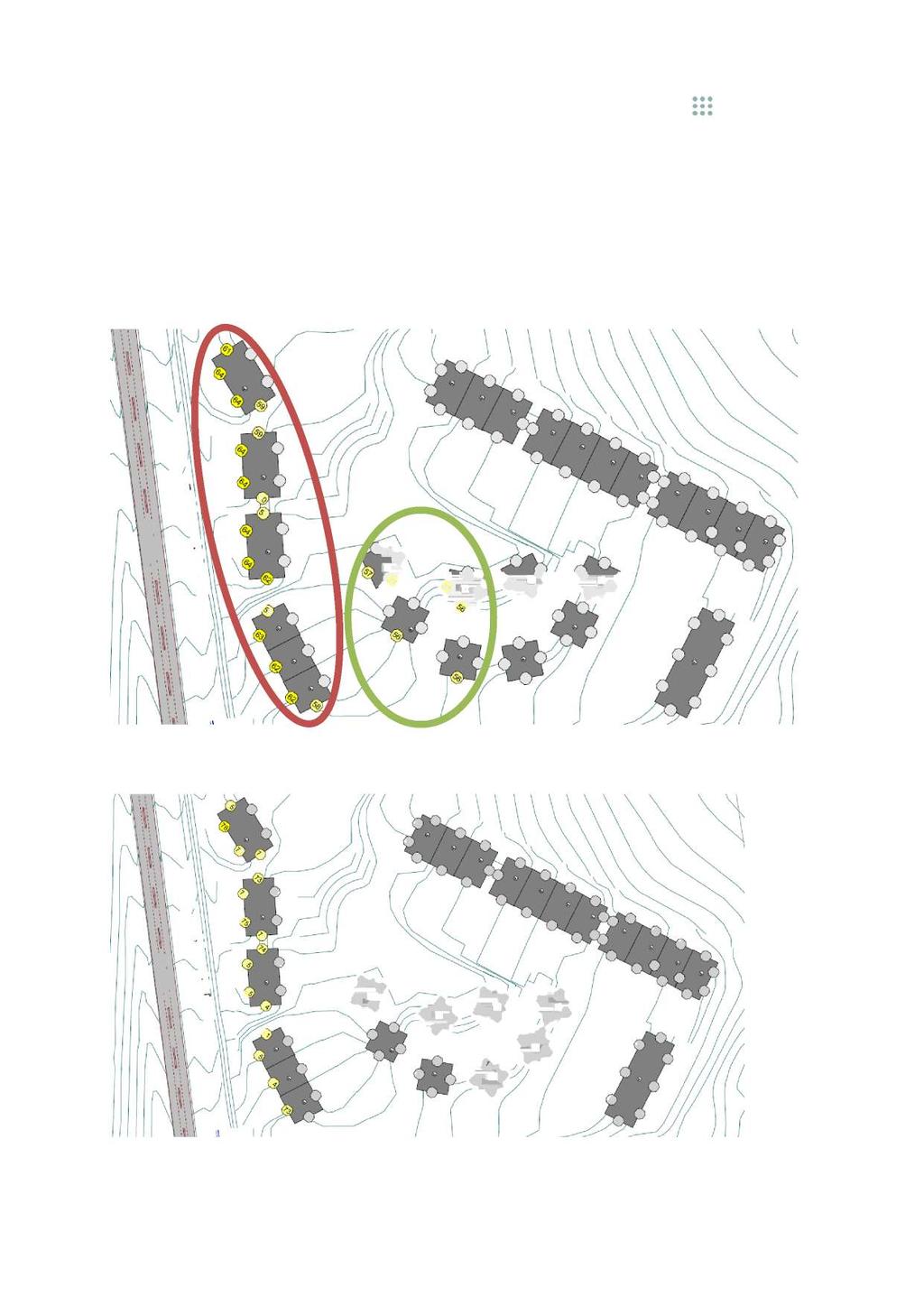 4.3 Støynivå ved fasade På grunn av byggenes form og plassering vil alle b ygninger oppnå minst en stille side, som vist i Figur 6.